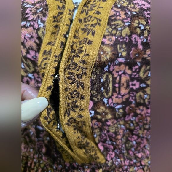 Long Boho Dress Floral Print Sz XL V Neck Elastic Waist Earth Tones Peasant - Picture 9 of 11